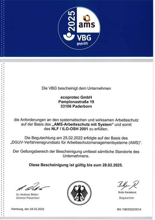 AMS-Zertifizierung durch die gesetzliche Unfallversicherung VBG