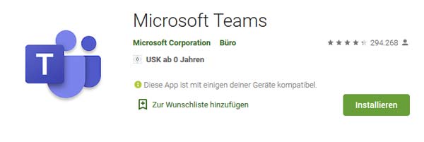 Download der Microsoft Teams App im Play Store von google