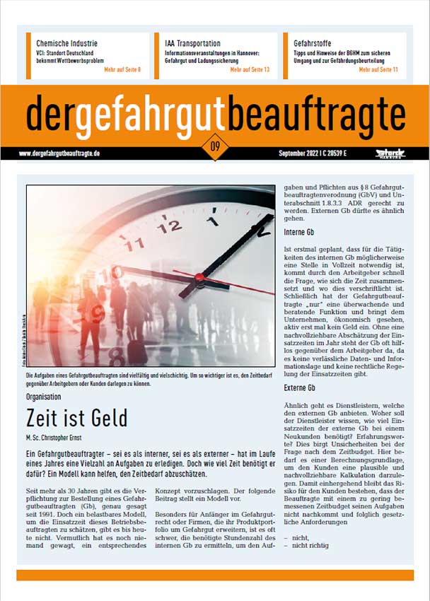 gefahrgutbeauftragte einsatzzeiten berechnen neue herangehensweise september 2022 cover fachzeitschrift