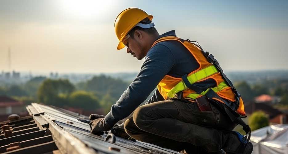 Handwerker bei der Instandhaltung des Daches des UNternehmensgebäudes