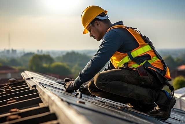 Mitarbeiter der Instandhaltung bei Arbeiten auf dem Dach des Unternehmens