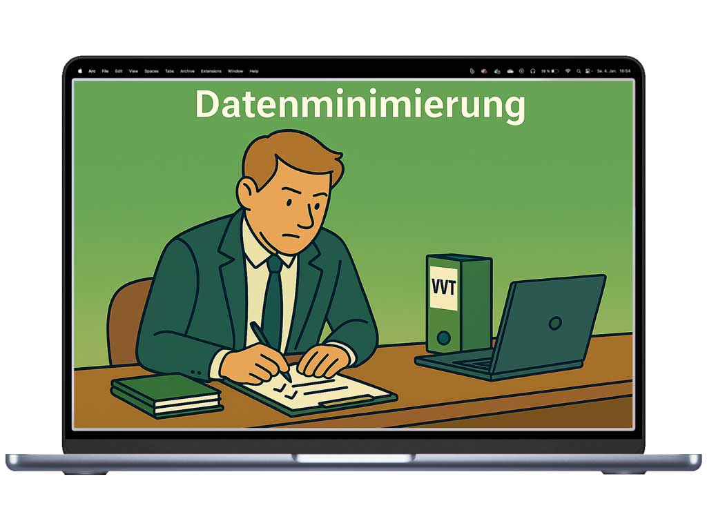 Ein Comic Bild, das einen Mitarbeiter im Unternehmen zeigt, der sich mit dem Thema Datenminimierung befasst.