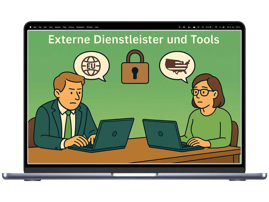 Ein Comic Bild, das zwei Personen bei einem Gespräch zum Gebrauch externer Tools und Dienstleister zeigt