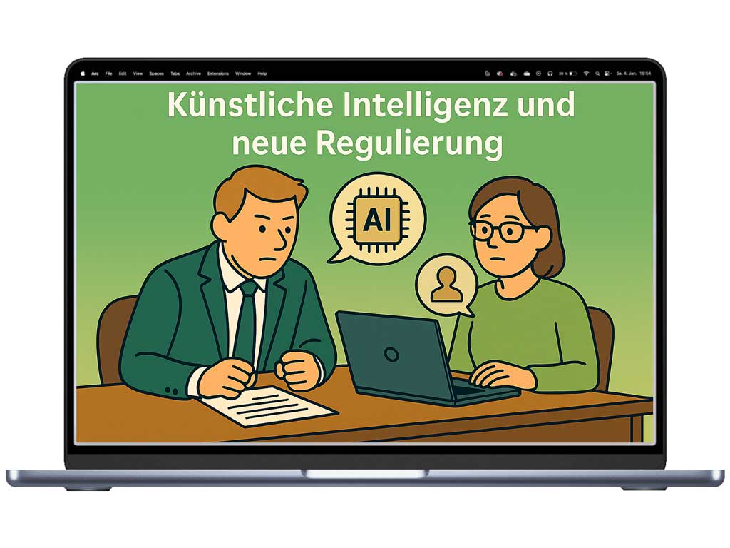 Ein Comic Bild, das zwei Personen bei einer Diskussion zum Einsatz künstlicher Intelligenz im Unternehmen zeigt