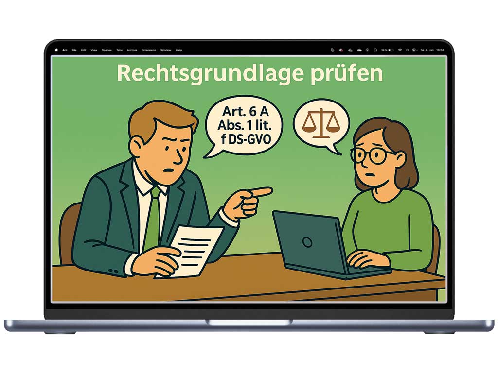Ein Comic Bild, das zwei Personen bei der Prüfung der Rechtsgrundlagen zeigt