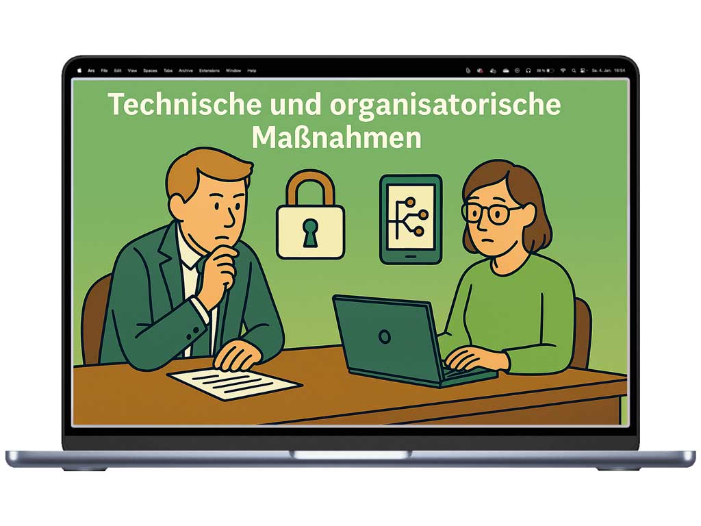 Ein Comic Bild, das zwei Personen bei einer Diskussion zu den technischen und organisatorischen Maßnahmen zeigt