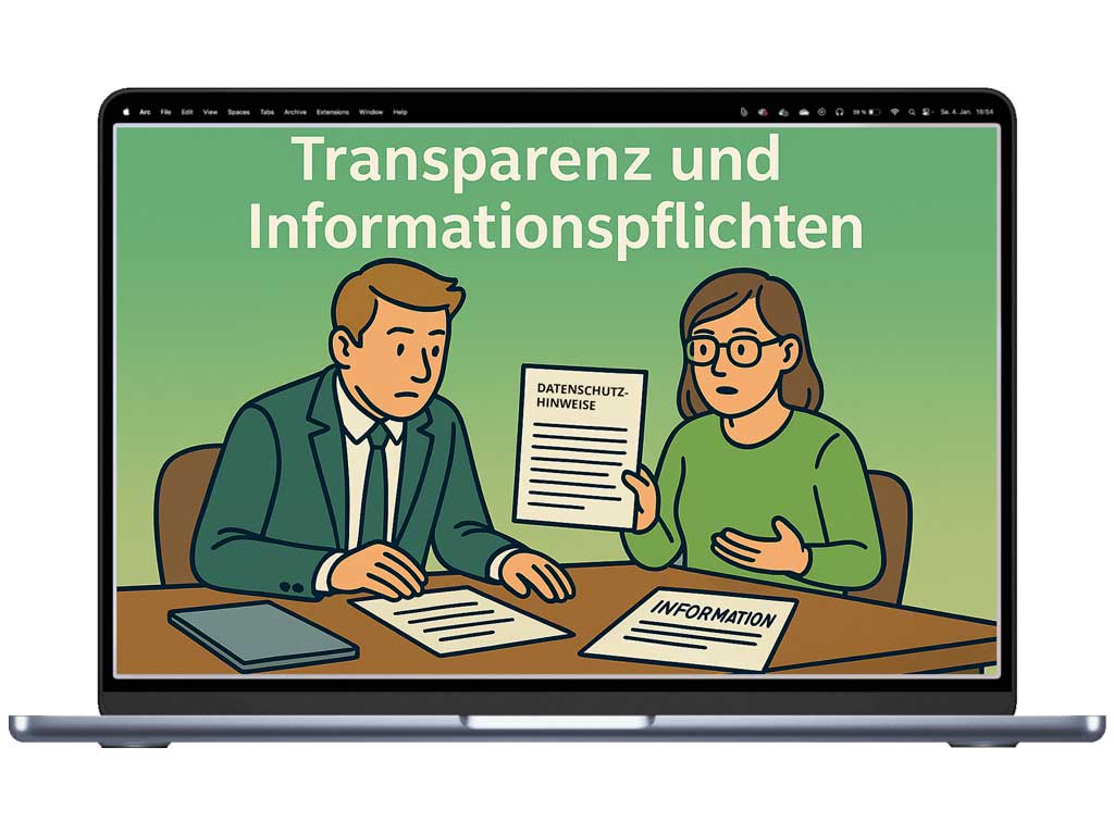 Ein Comic Bild, das zwei Personen bei einem Gespräch zuTransparenz und Informationspflichten zeigt