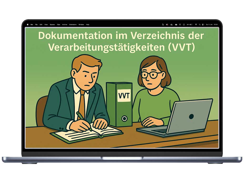 Ein Comic Bild, das zwei Personen bei einem Gespräch zum Verzeichnis der Verarbeitungstätigkeiten zeigt